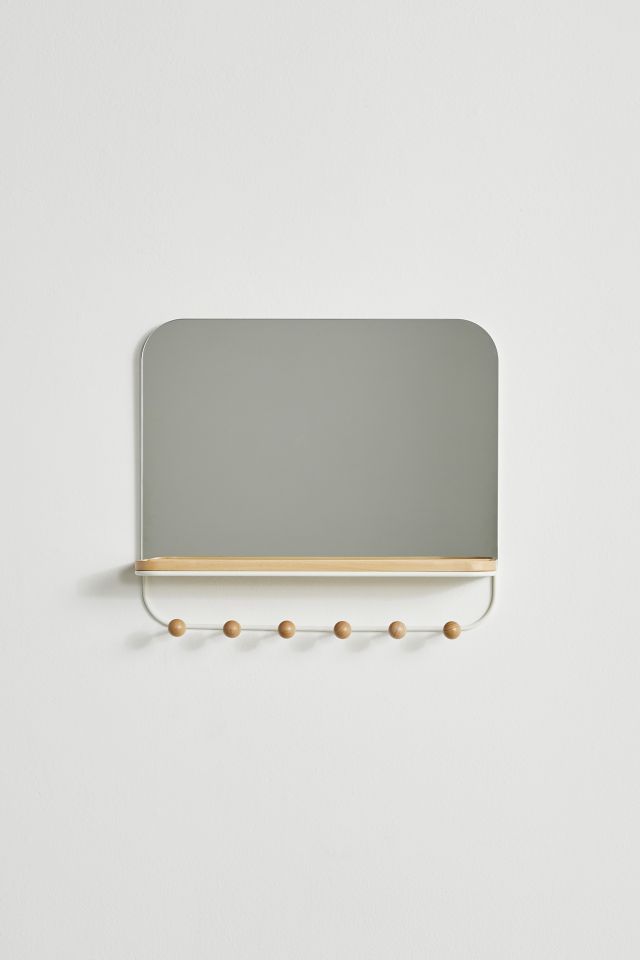 White Wood Rectangular Mirror with Hooks and Tray