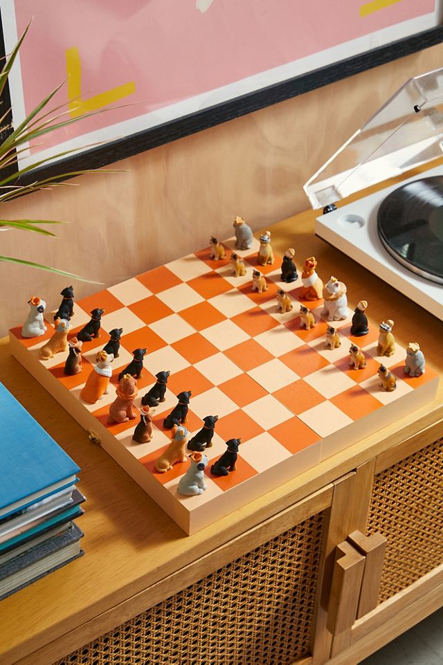 Royal Cats Vs Dogs Chess Chess Set W 18" Cherry Color Board 