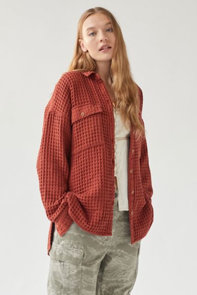 Bdg Stanley Waffle Button-down Top In Red