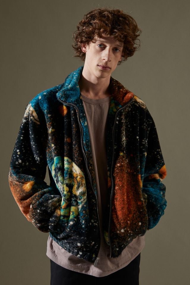 UO Space Print Faux Fur Zip Jacket