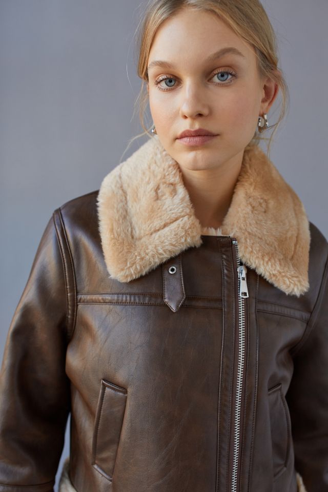 UO Cropped Faux Shearling Motorcycle Jacket