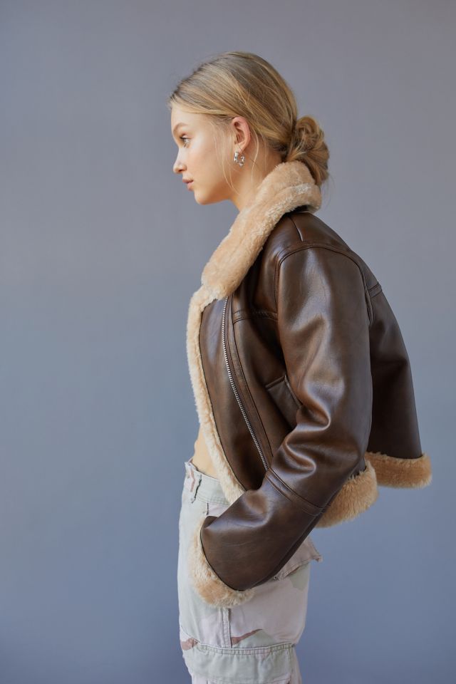 UO Cropped Faux Shearling Motorcycle Jacket #4