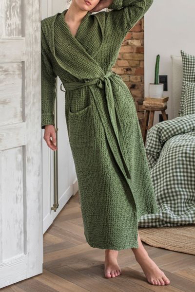 Magiclinen Waffle Hooded Bath Robe In Forest Green, Women's At Urban Outfitters