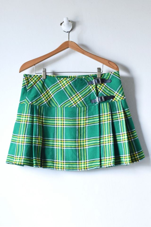 Pleated green plaid outlet mini skirt