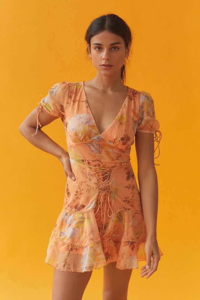 Kiss The Sky Floral LaceUp Mini Dress Urban Outfitters