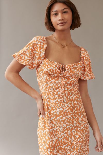 orange floral puff sleeve dress