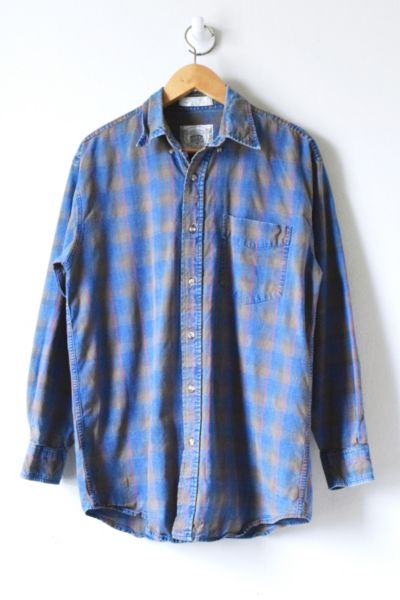 Vintage 90s Tan Plaid Printed Denim Button-Down Shirt | Urban Outfitters