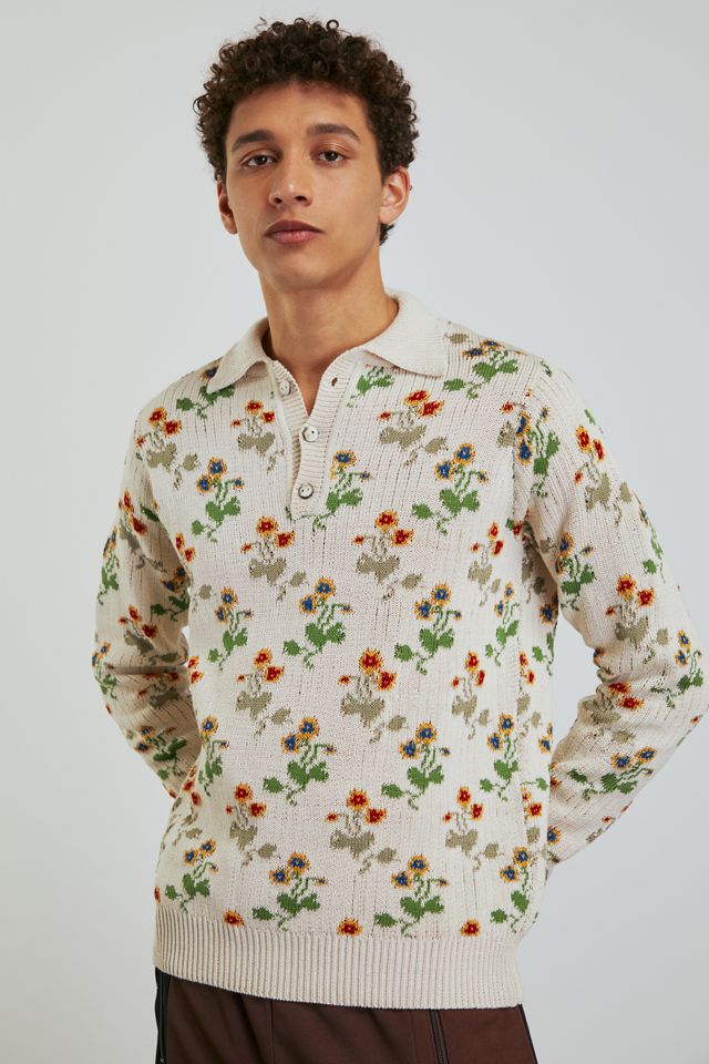 Corridor Floral Slouchy Knit Long Sleeve Polo Shirt | Urban Outfitters