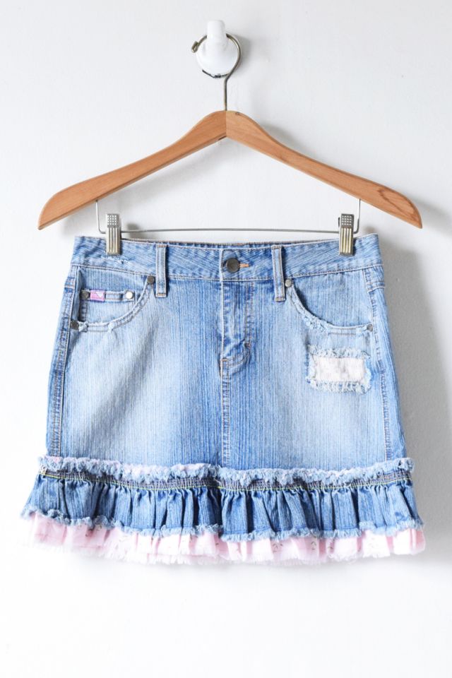 Vintage Y2k Ruched Frayed Edge Denim Mini Skirt Urban Outfitters 4869