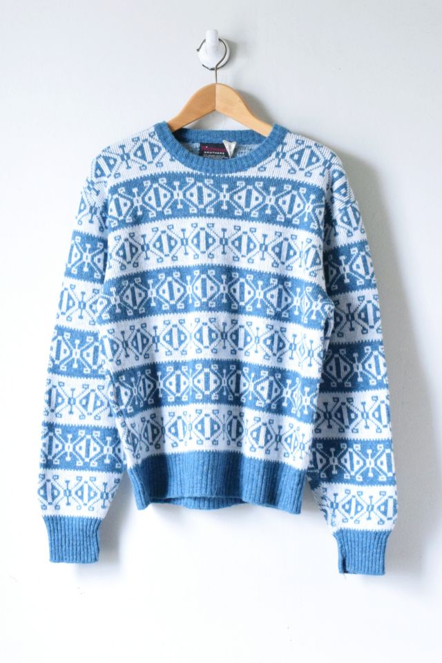 Vintage 70s White Blue Patterned Sweater Urban Outfitters