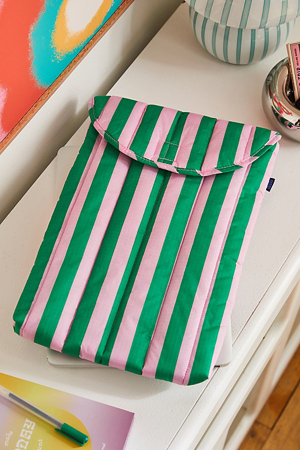 Baggu Puffy 16" Recycled Laptop Sleeve In Pink & Green Stripe