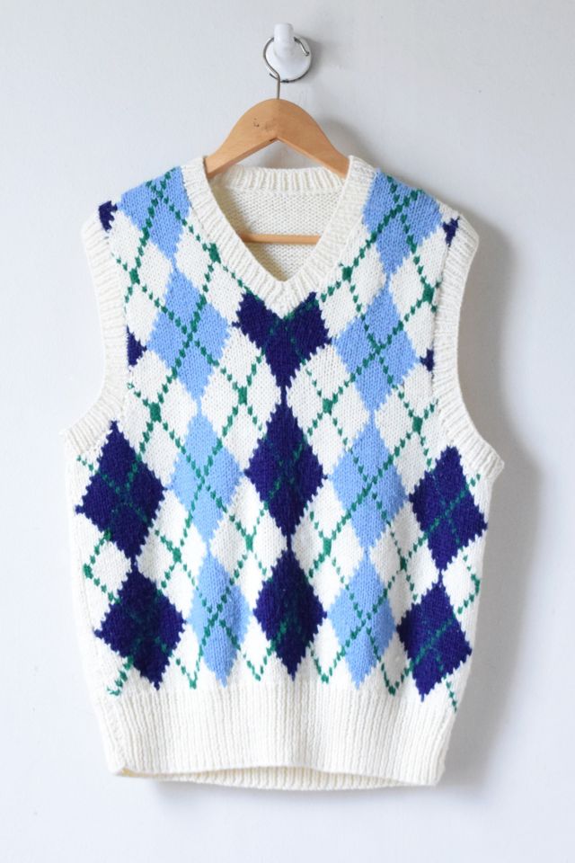 Vintage 90s Cream & Light Blue Argyle Sweater Vest Urban Outfitters