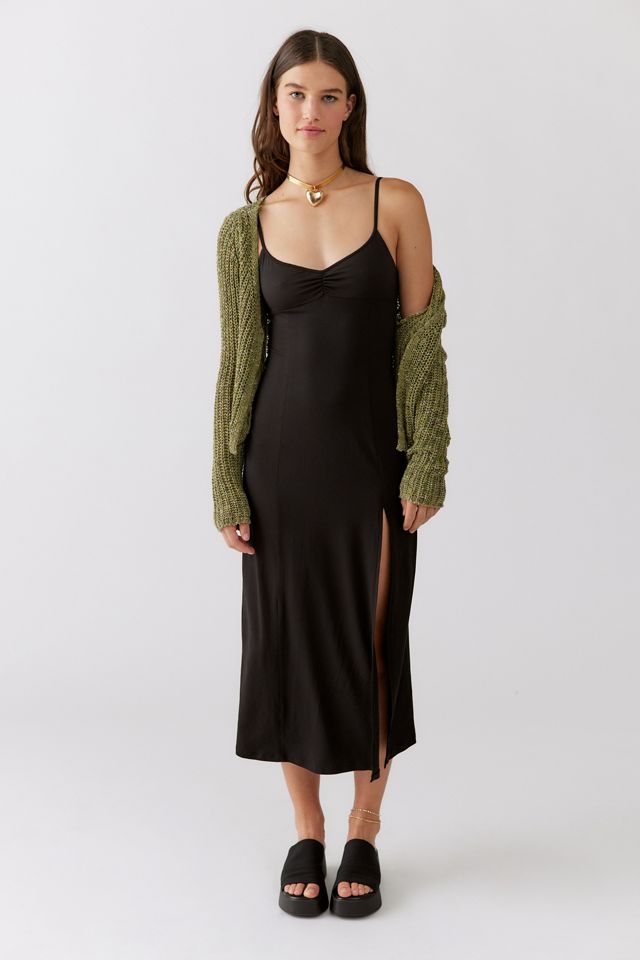knee length dresses for ladies Black Satin Lace Midi Slip Dress