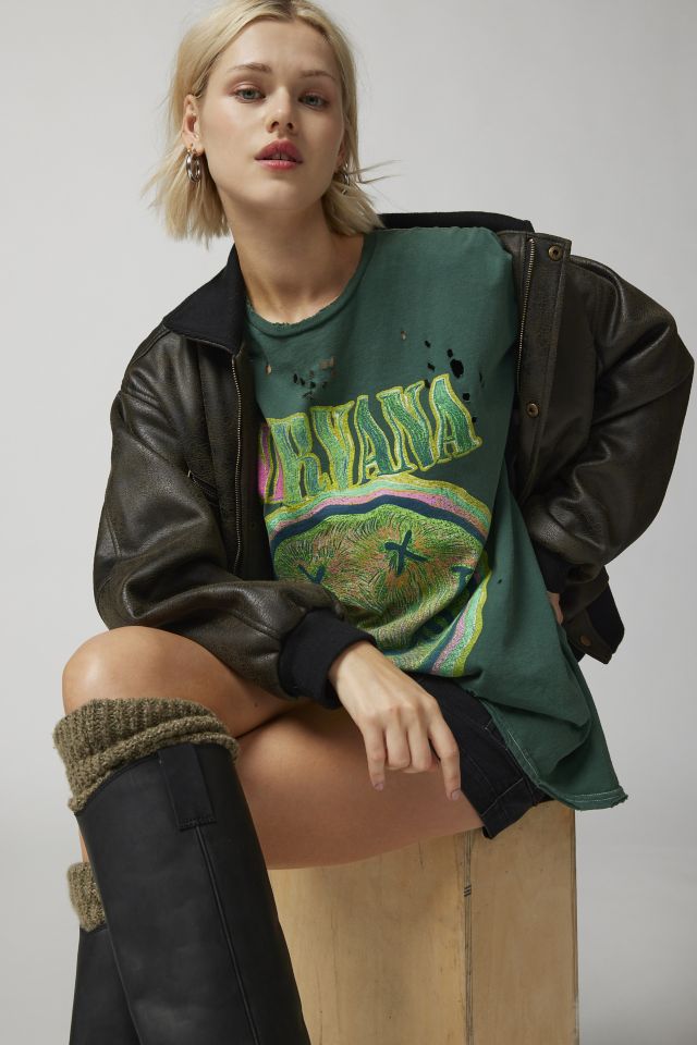 Nirvana Distressed T-Shirt Dress in Green, Women's at Urban Outfitters