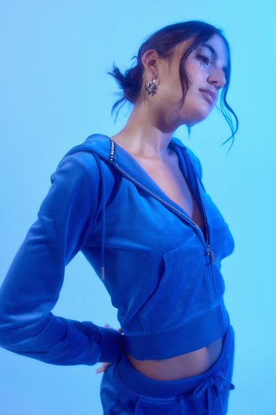 Juicy Couture Mock-neck Velour Cropped Zip-front Jacket In Dark Blue