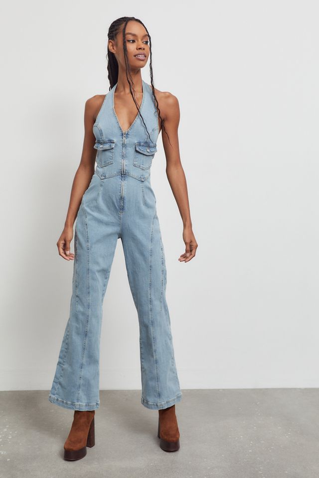UO Farrah Denim Halter Jumpsuit Urban Outfitters