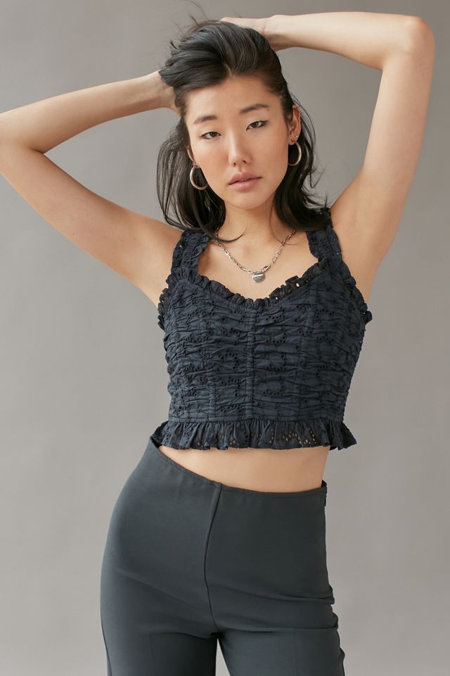UO Kya Ruffled Eyelet Cropped Top | Urban Outfitters
