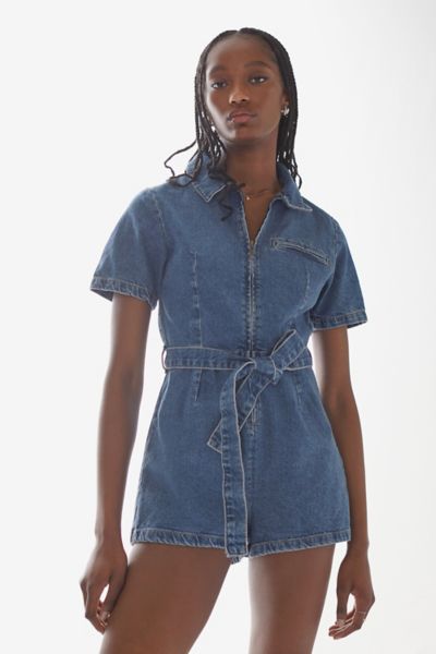 UO Hello Sunshine Denim Belted Romper | Urban Outfitters