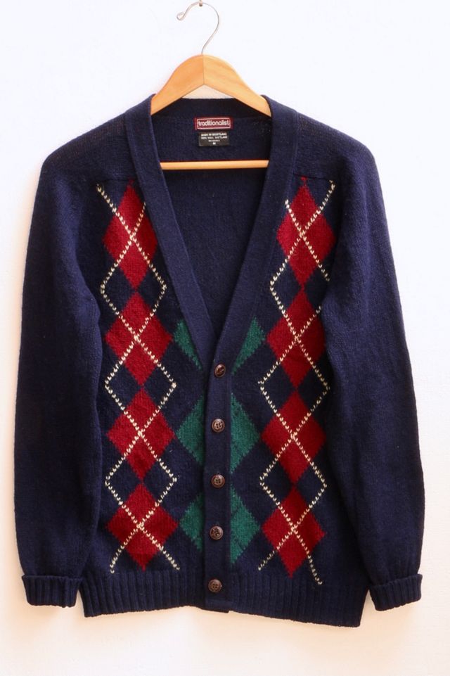 Vintage Argyle Shetland Wool Cardigan Sweater With Leather Buttons Made ...