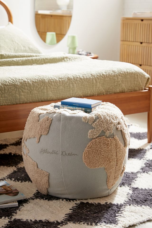 Globe Explorer Tufted Round Pouf in Light Blue and Natural Tones