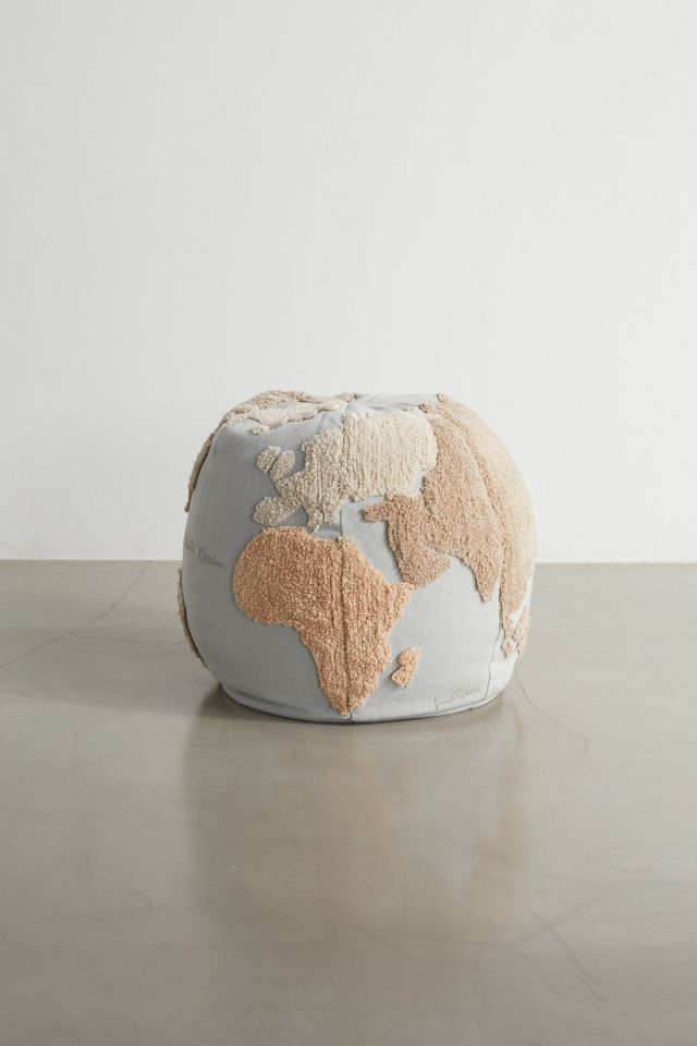 Globe Explorer Tufted Round Pouf in Light Blue and Natural Tones