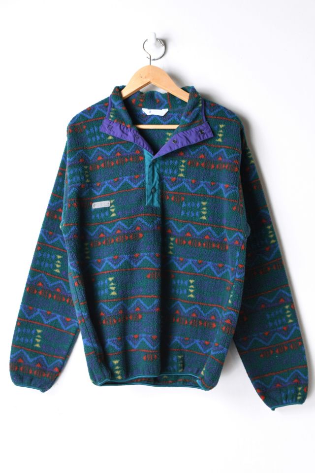 Vintage 90s Columbia Dark Green Patterned Snap-Collar Fleece