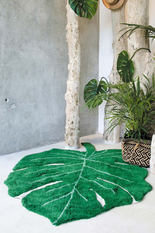 Green Monstera Leaf Hand-Knotted Cotton Area Rug