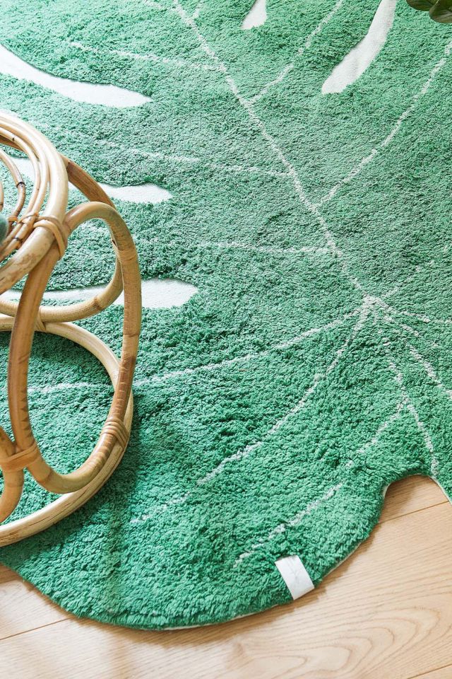 Green Monstera Leaf Hand-Knotted Cotton Area Rug