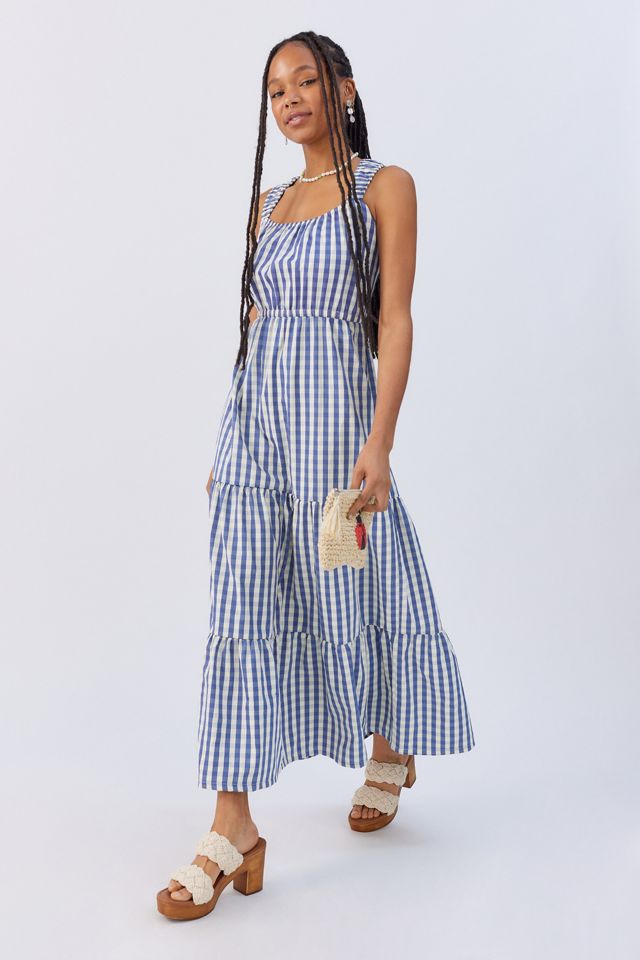 old navy gingham maxi dress Sleeveless Tiered for Women eye closure Gathered skirt Back vent at hem Lined Made in NYC XXS Jour Maxi Dress - Navy