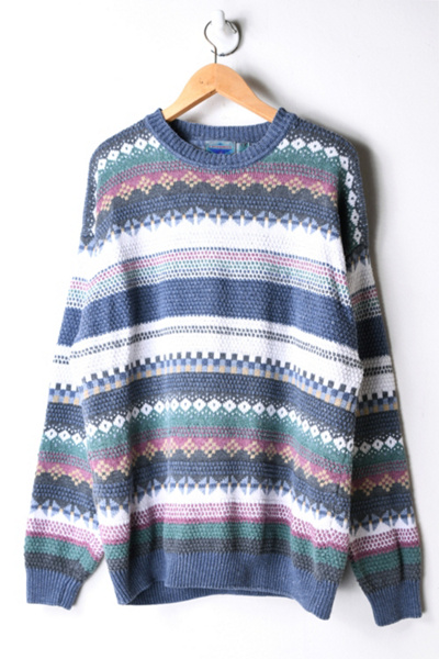 Vintage 90s Slate Blue Patterned Knit Sweater Urban Outfitters 