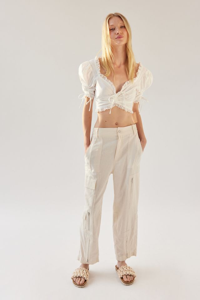 Ruffled-Waist Linen-Blend Utility Pants for Girls