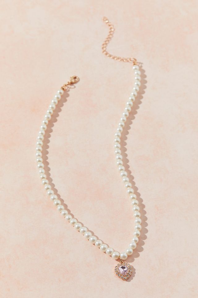 Rhinestone Heart Pearl Necklace #1