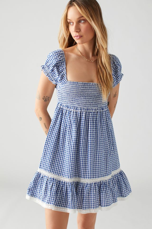 UO Marseille Gingham Smocked Mini Dress