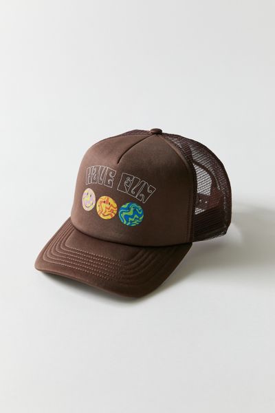 Urban Outfitters Smiley Have Fun Trucker Hat In Chocolate