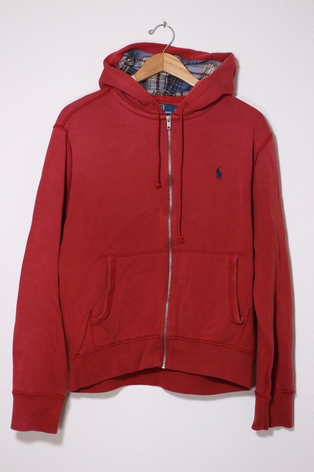 Polo Ralph Lauren Full Zip Hoodie Red Long Sleeve Plaid Hooded Sweatshirt  $148