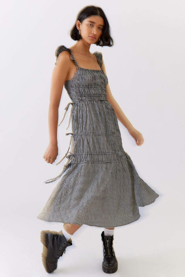 Moon River Gingham Flutter Sleeve Midi Dress