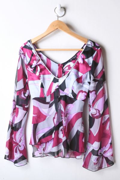 Vintage Y2K Grey, Pink & Black Printed Top | Urban Outfitters