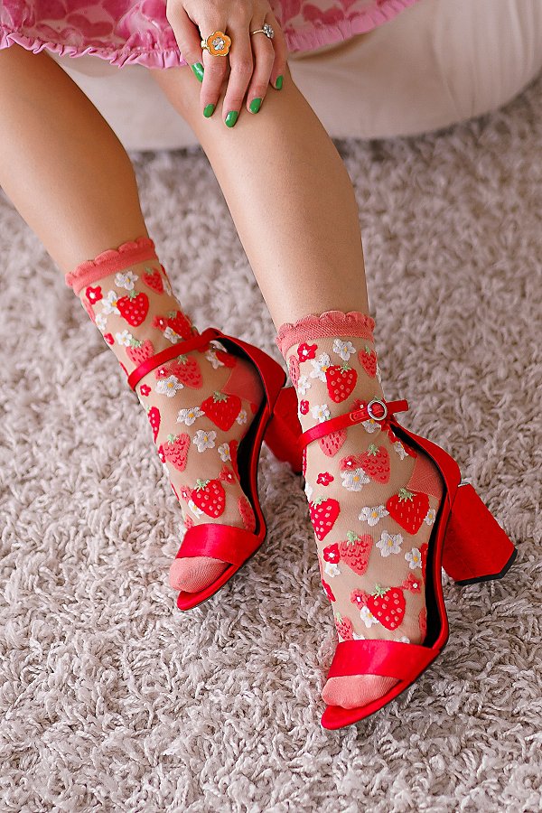 Sock Candy Strawberry Daisy Ruffle Sheer Sock In Red Multi