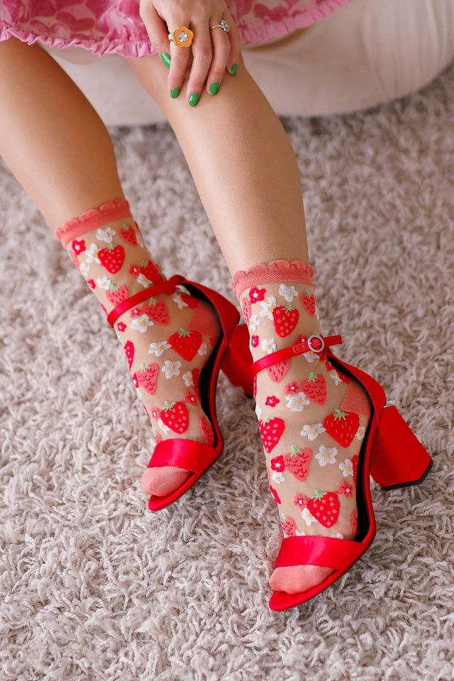 Sock Candy Strawberry Daisy Ruffle Sheer Sock Urban Outfitters