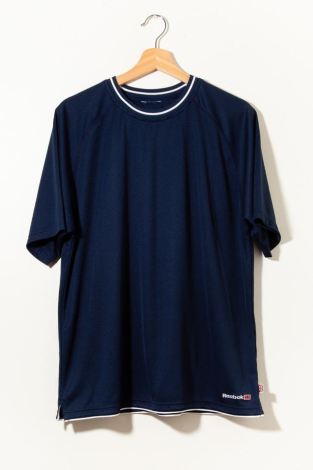 1990s Vintage Reebok Oversized Nylon Jersey T-Shirt Navy Blue | Urban ...