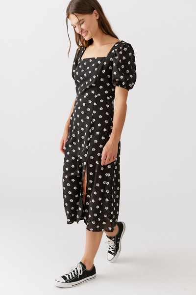Soft Focus Embroidered Puff Sleeve Ruffle Midi Dress