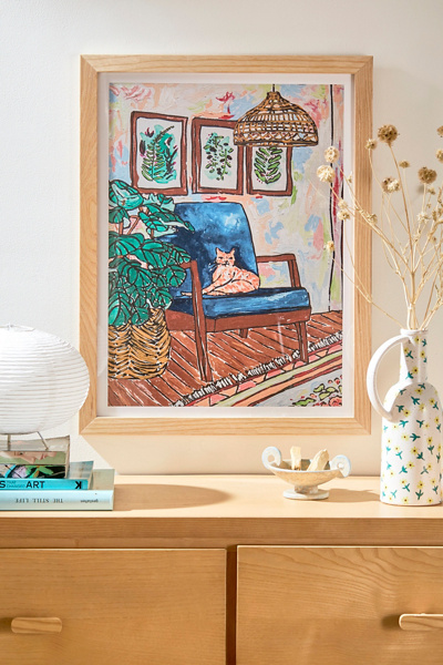 Lara Lee Meintjes Ginger Cat In Peacock Chair With Indoor Jungle Of House Plants Interior Painting Art Print