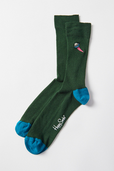 Happy Socks - Calzini Alti Unisex Con Ricamo UFO, Verde Scuro, Cotone Morbido, Vestibilità Rib - 2