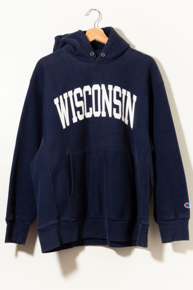 Vintage 1990s Champion Wisconsin Hoodie Reverse Weave Sweatshirt Navy Blue