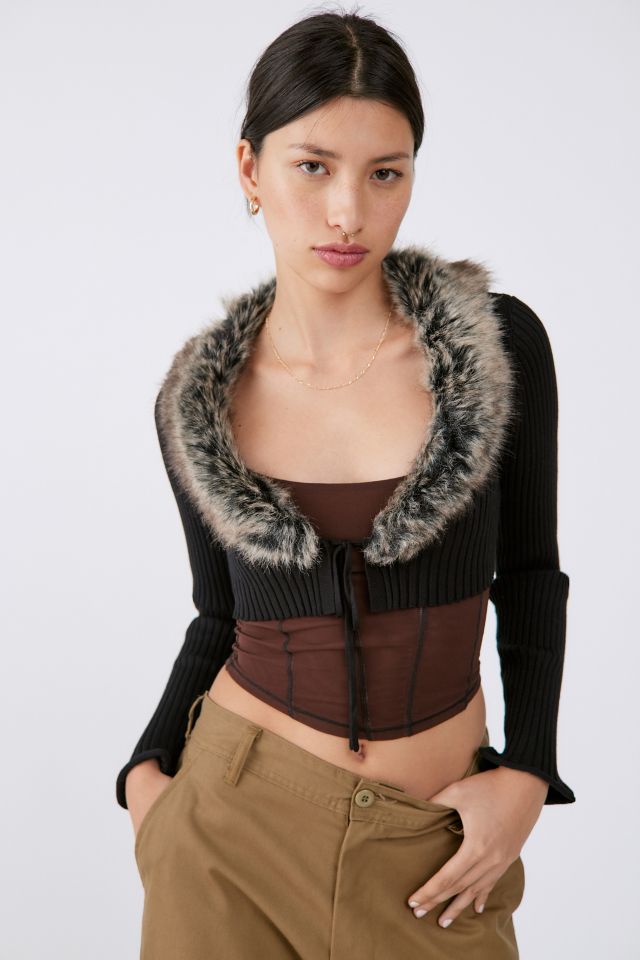 UO Izzy Faux Fur Cropped Cardigan | Urban Outfitters