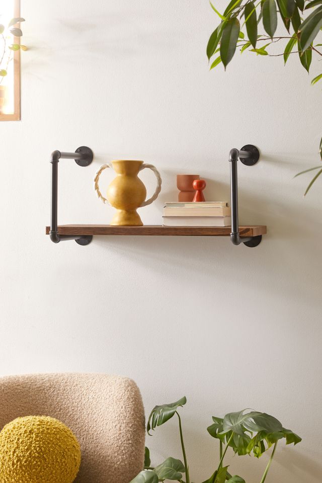 Black and Rustic Brown Industrial Steel and Wood Wall Shelf