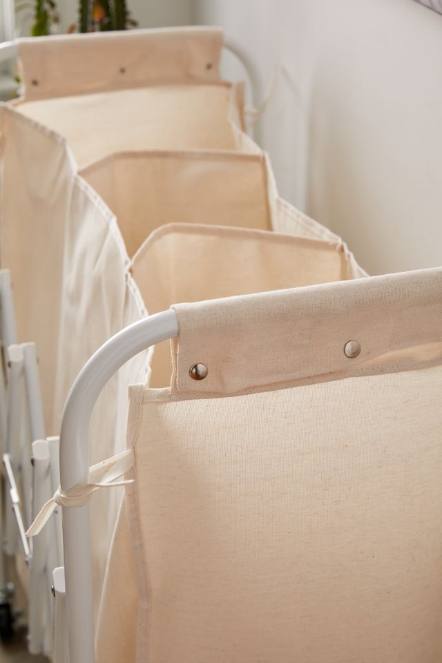 White Canvas Collapsible Triple Laundry Sorter with Wheels