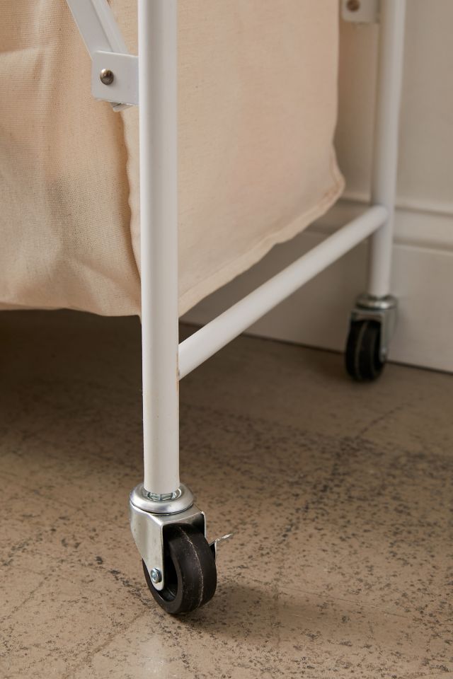 White Canvas Collapsible Triple Laundry Sorter with Wheels