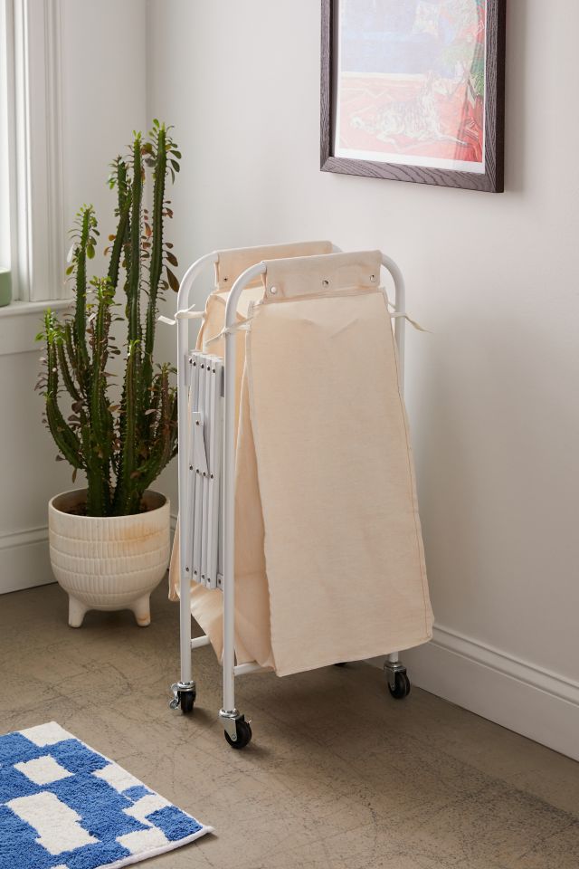 White Canvas Collapsible Triple Laundry Sorter with Wheels
