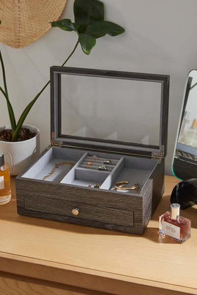 Mele and Co Ardene Glass Top Wooden Jewelry Box in Grey at Urban Outfitters
